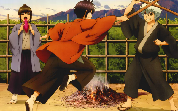 A dynamic scene from the anime Gintama, featuring characters engaged in a battle near a campfire, set against a backdrop of mountains. An 8K Ultra HD desktop wallpaper.