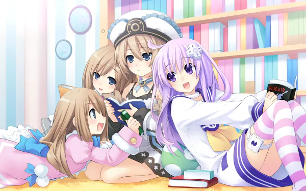 A vibrant HD wallpaper featuring characters Ram, Rom, Blanc, and Nepgear from the video game Hyperdimension Neptunia, enjoying a cozy moment surrounded by books.
