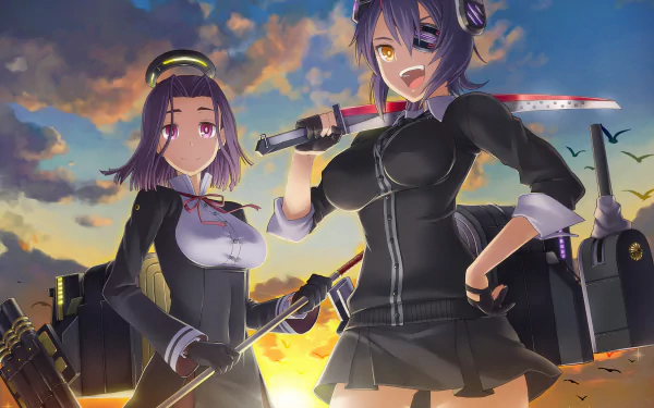 HD PC desktop wallpaper of Kantai Collection (Kancolle) anime: Tatsuta and Tenryuu in naval uniforms with swords and ship gear against a dramatic sunset.