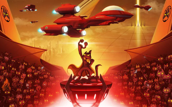 HD PC desktop wallpaper featuring Monstercat music theme with a red alien figure on a pedestal, surrounded by crowds and futuristic flying ships in a vibrant orange sky.