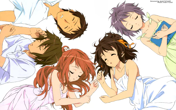 4K Ultra HD anime wallpaper featuring Itsuki Koizumi, Mikuru Asahina, Yuki Nagato, Kyon, and Haruhi Suzumiya from The Melancholy of Haruhi Suzumiya, peacefully resting together.