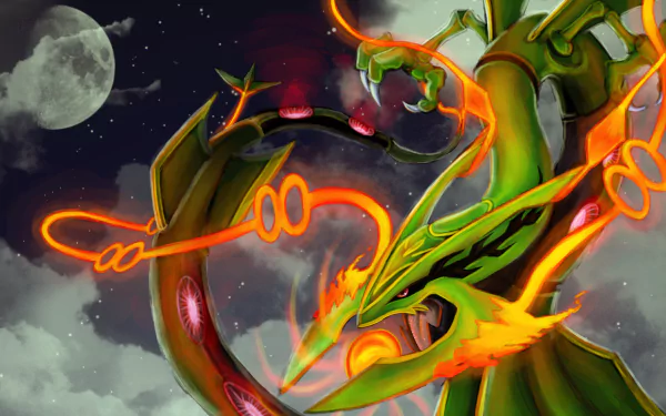 A vibrant HD wallpaper featuring Rayquaza from Pokémon, showcasing its majestic form amidst a mystical night sky, inspired by Pokémon: Omega Ruby and Alpha Sapphire.