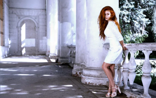 white dress redhead woman model HD Desktop Wallpaper | Background Image