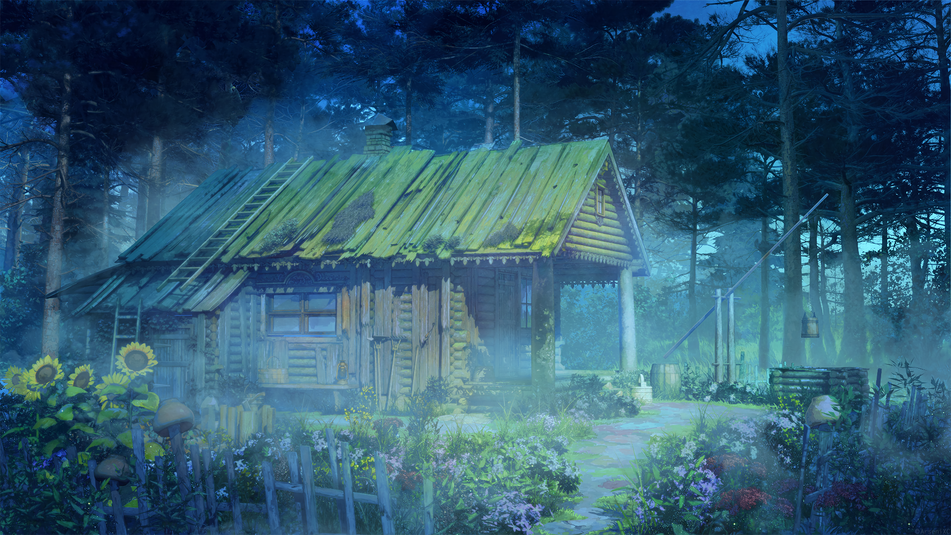 A serene anime-inspired scene showcasing a rustic cabin surrounded by vibrant flowers and misty trees. This HD wallpaper captures the enchanting atmosphere of Travnica.