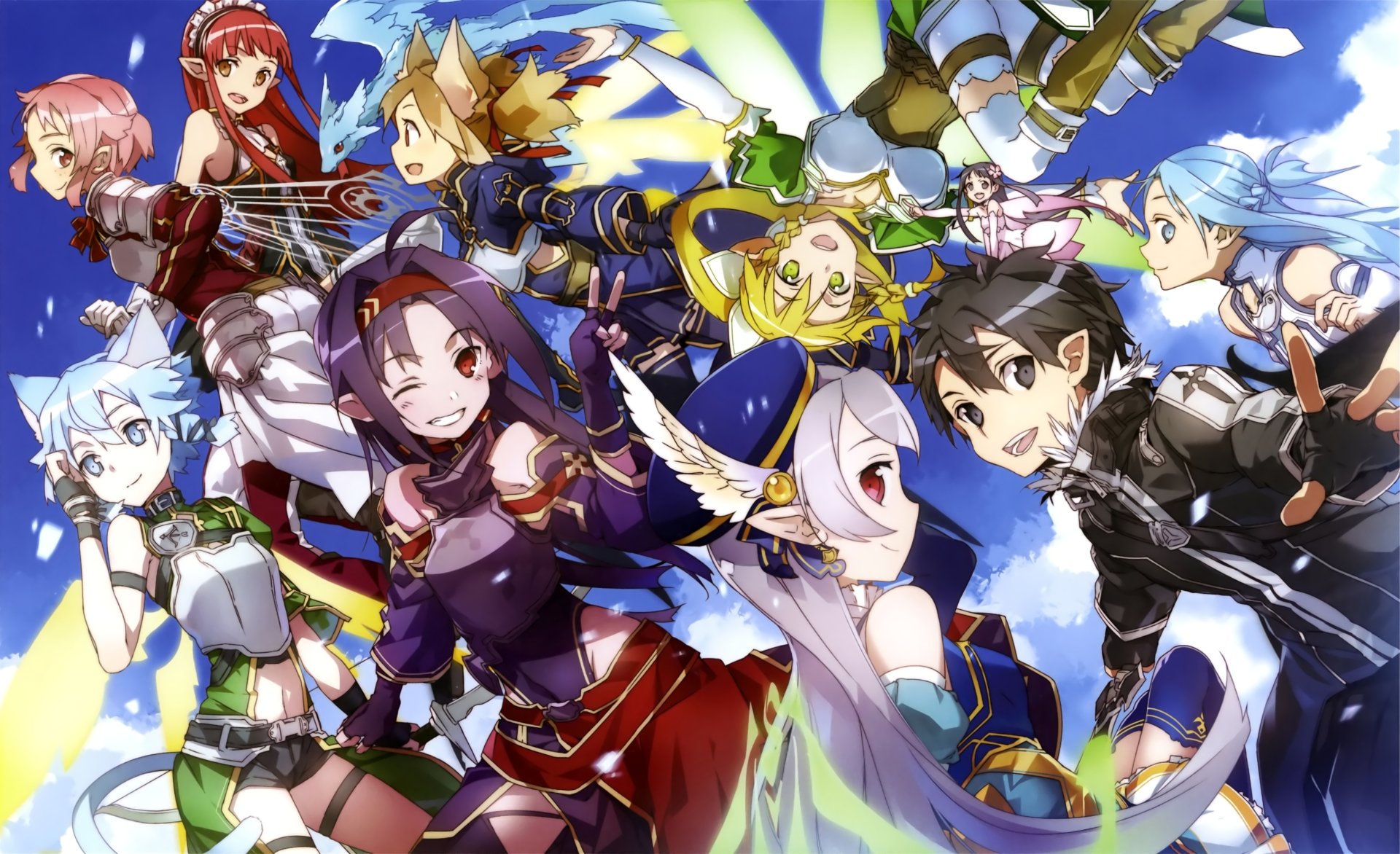 HD PC desktop wallpaper featuring vibrant characters from the anime Sword Art Online II in dynamic action poses against a bright blue sky background.