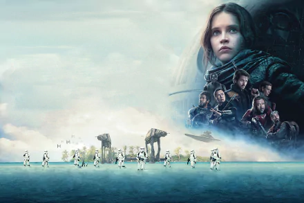 A dynamic HD wallpaper featuring Felicity Jones alongside AT-AT Walkers and stormtroopers from Rogue One: A Star Wars Story, set against a dramatic starry backdrop.