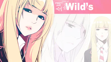 HD PC desktop wallpaper of a blonde anime girl from Girls of the Wild's by In Gyi Yoon: close-up portrait with soft pink banner and faded sketches of the character in the background.