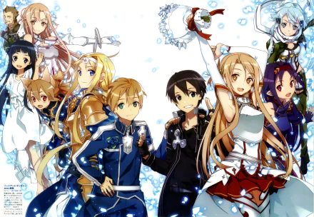 A vibrant 4K Ultra HD anime wallpaper featuring characters from Sword Art Online II, including Alice Zuberg, Eugeo, Asuna Yuuki, and Kirito, set against a dreamy background.