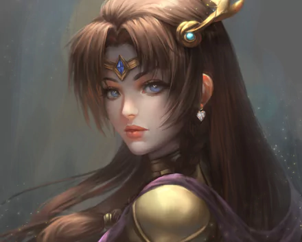 Fantasy-themed HD desktop wallpaper of a woman with long brown hair, blue eyes, and adorned with a jeweled headpiece and heart-shaped earring.