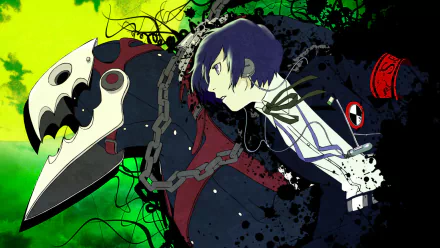 HD PC desktop wallpaper featuring artwork from the video game Persona 3, showcasing a character with dark hair against a vibrant green and black background.