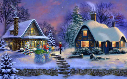 HD artistic painting of a snowy Christmas scene with a decorated tree, snowman, and cozy houses, captured as a vibrant PC desktop wallpaper and background.