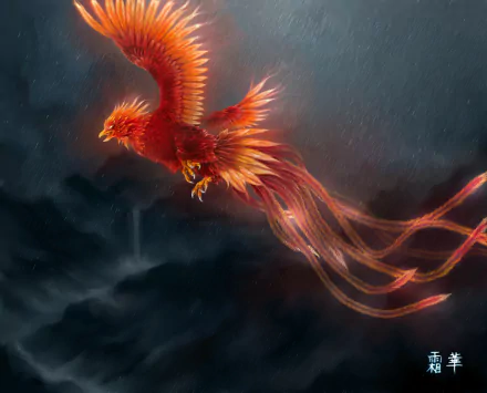 A vibrant fantasy phoenix bird soars through a stormy sky, its fiery feathers glowing intensely in this HD PC desktop wallpaper.