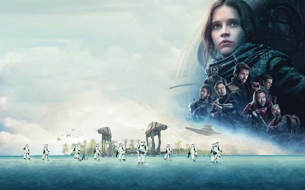 A dynamic HD wallpaper featuring Felicity Jones alongside AT-AT Walkers and stormtroopers from Rogue One: A Star Wars Story, set against a dramatic starry backdrop.