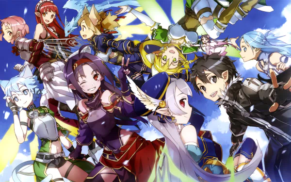 HD PC desktop wallpaper featuring vibrant characters from the anime Sword Art Online II in dynamic action poses against a bright blue sky background.