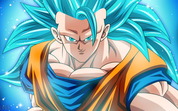 An HD desktop wallpaper of a character from Dragon Ball Z, featuring intense blue hair and a determined expression. The background is a vibrant, glowing blue, adding energy to the dynamic anime artwork.