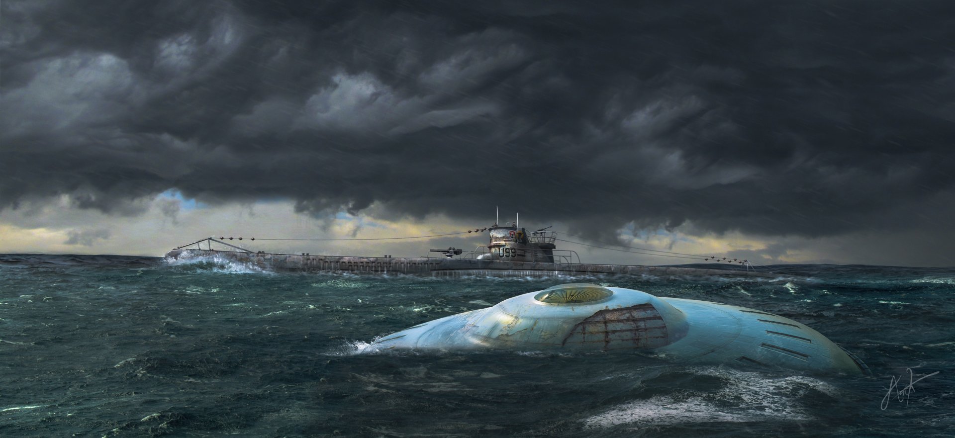 4K Ultra HD wallpaper depicting the SM U-99 submarine surfacing under dark stormy skies with a sleek UFO nearby, blending military and sci-fi themes.