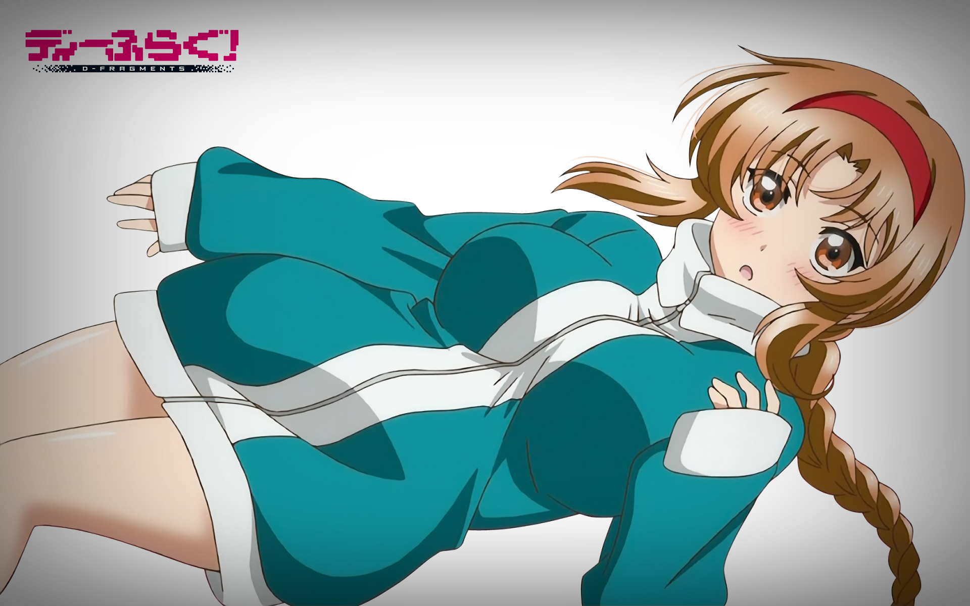 A stylish HD wallpaper from the anime D-Frag!, featuring a girl in a teal jacket, lying down with a surprised expression and a braid in her hair.