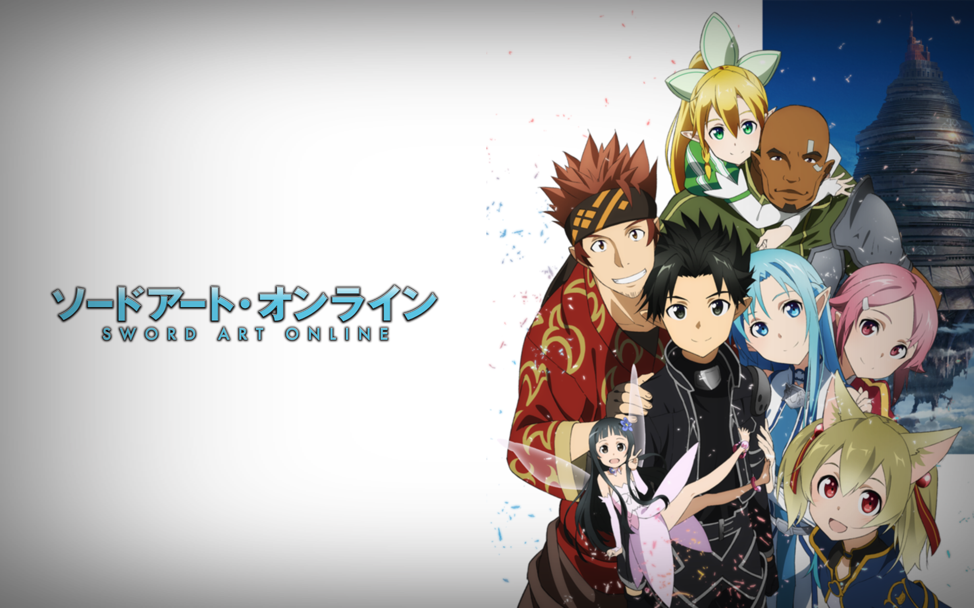 Anime HD PC desktop wallpaper featuring characters from Sword Art Online II, with the series title displayed in both Japanese and English on a white background.