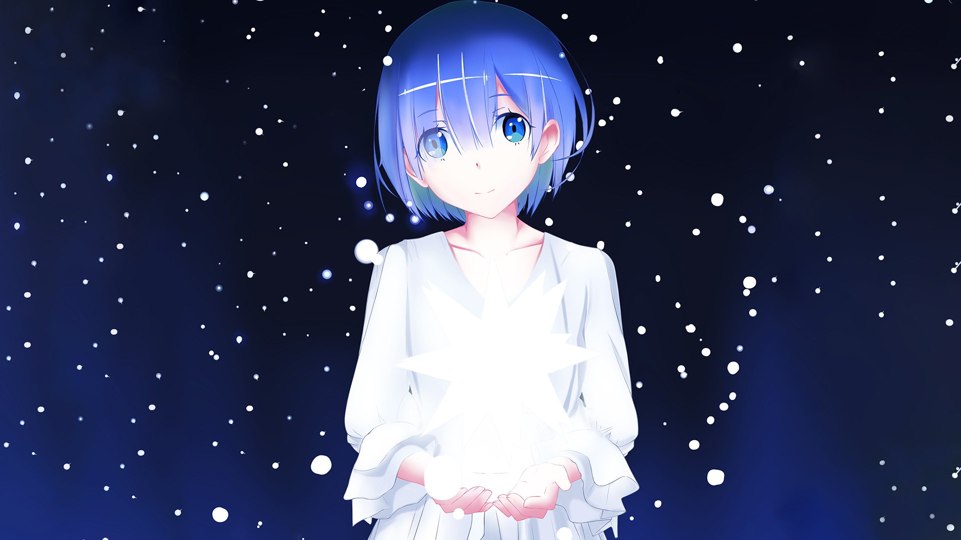 HD desktop wallpaper featuring Rem from the anime Re:Zero - Starting Life in Another World, standing against a starry night sky, glowing softly while holding a bright, radiant star.