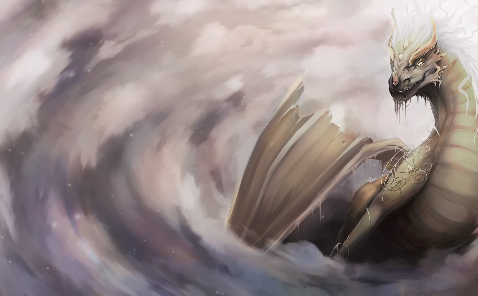 Fantasy dragon emerging from swirling mist and clouds, pale serpentine body and outstretched wings; 2K Quad HD PC desktop wallpaper background with moody, ethereal atmosphere.