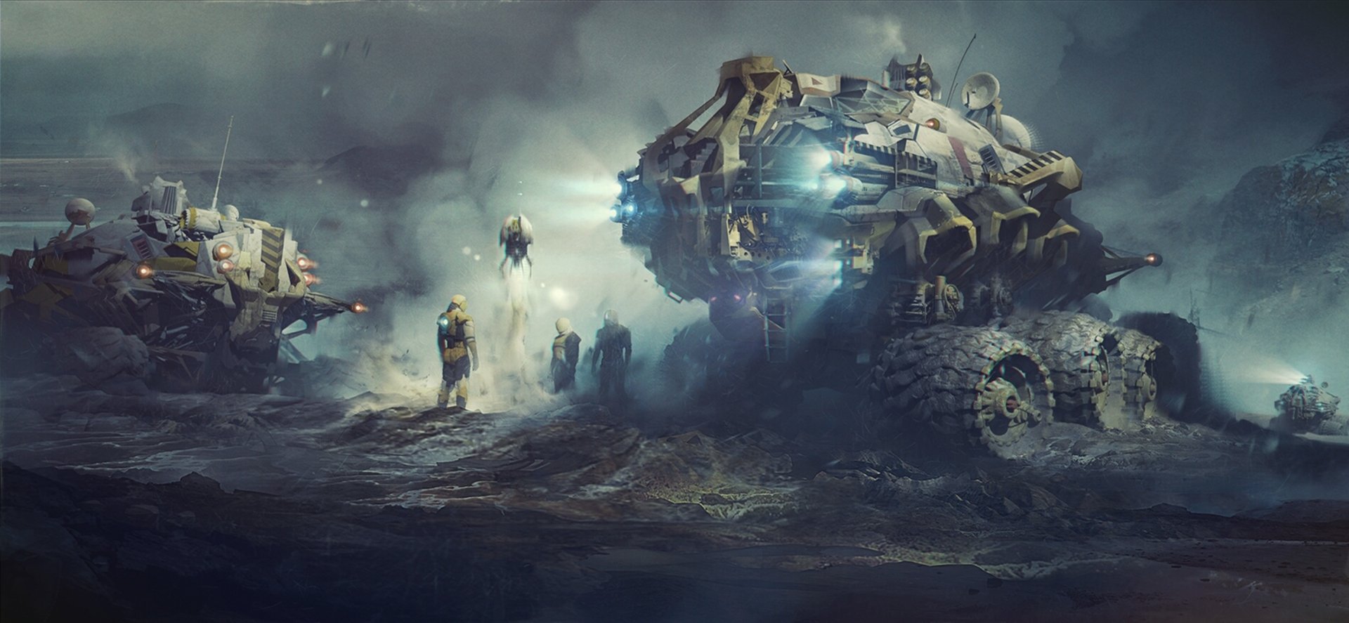HD PC desktop wallpaper featuring a futuristic sci-fi vehicle with large wheels and glowing blue engines, surrounded by armored figures in a misty, otherworldly landscape.