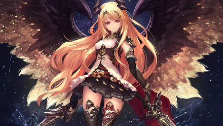 A striking HD wallpaper featuring Dark Angel Olivia from the video game Rage of Bahamut, showcasing her majestic wings and fierce sword amidst a cosmic backdrop.