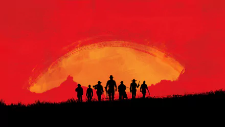 HD desktop wallpaper of Red Dead Redemption 2 featuring a dramatic silhouette of a group of figures walking against a stunning red and orange sunset background.