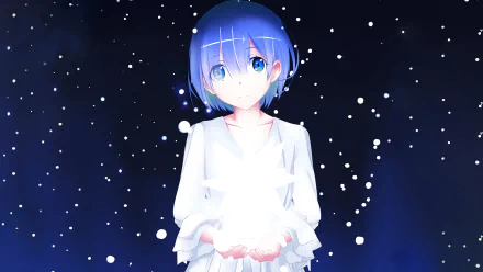 HD desktop wallpaper featuring Rem from the anime Re:Zero - Starting Life in Another World, standing against a starry night sky, glowing softly while holding a bright, radiant star.
