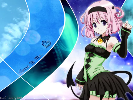 A vibrant HD desktop wallpaper featuring Momo Velia Deviluke from the anime To Love-Ru, showcasing her charming pose against a dynamic blue and green background.