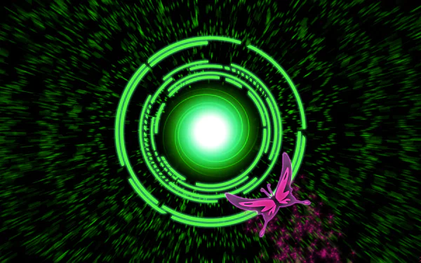 Anime-themed HD PC desktop wallpaper from Accel World features a glowing green circular digital interface with a vibrant pink butterfly flying across it.