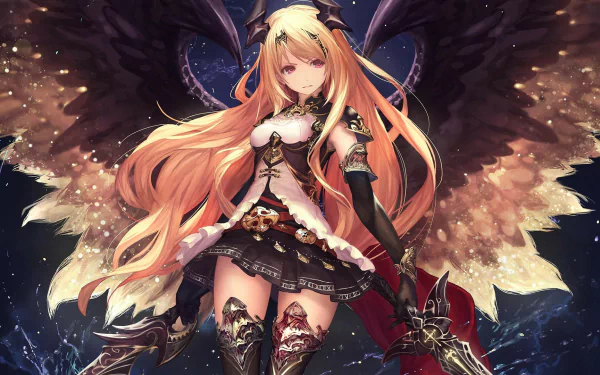 A striking HD wallpaper featuring Dark Angel Olivia from the video game Rage of Bahamut, showcasing her majestic wings and fierce sword amidst a cosmic backdrop.