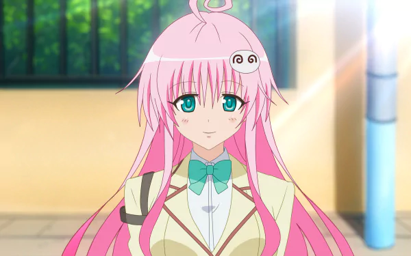 Lala Satalin Deviluke from the anime To Love-Ru smiles in this HD desktop wallpaper, featuring her distinctive pink hair and vibrant blue eyes against a sunny background.