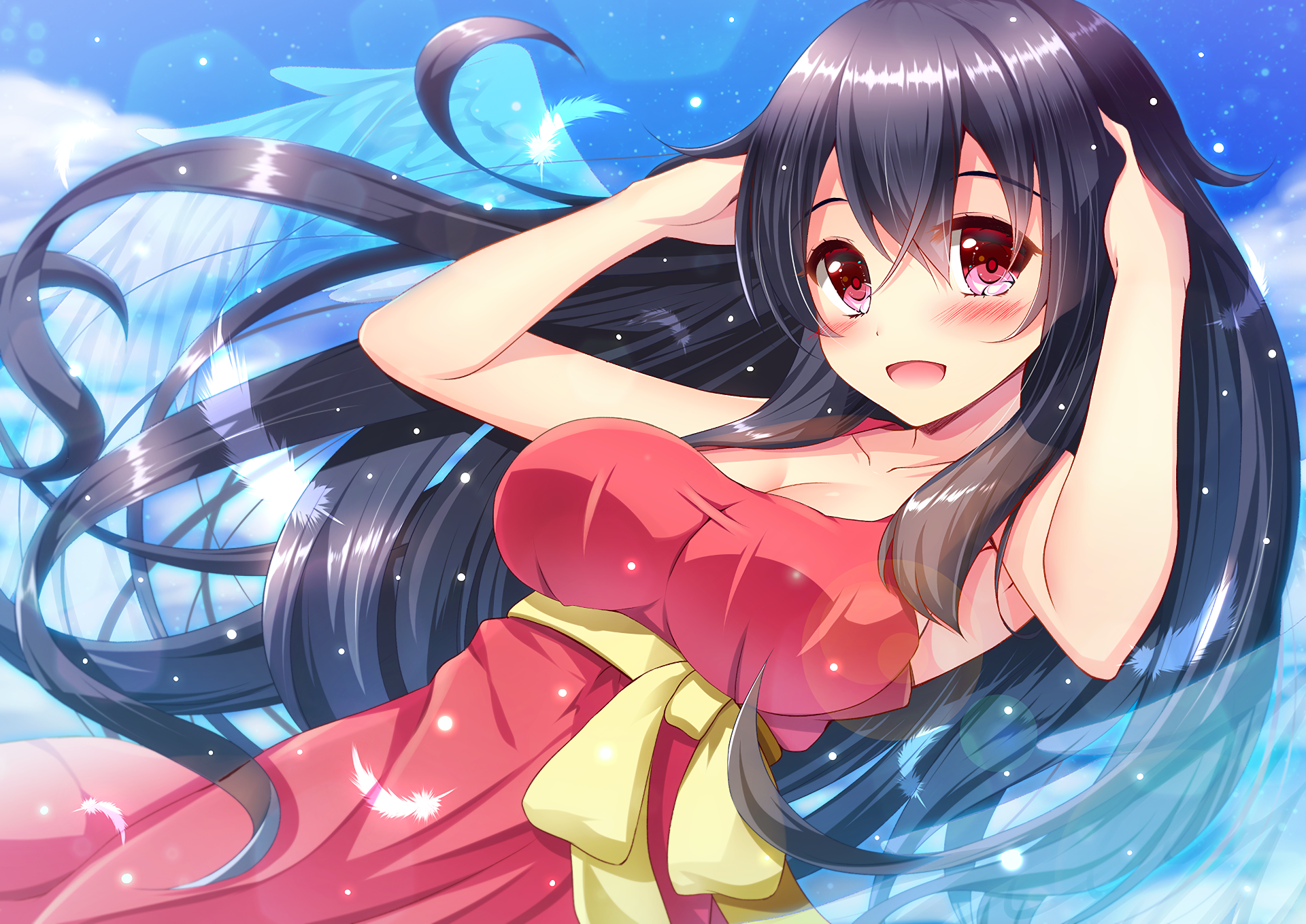 A vibrant HD anime wallpaper featuring a cheerful girl with long black hair in a red dress, set against a bright blue sky with playful clouds and sparkling highlights.
