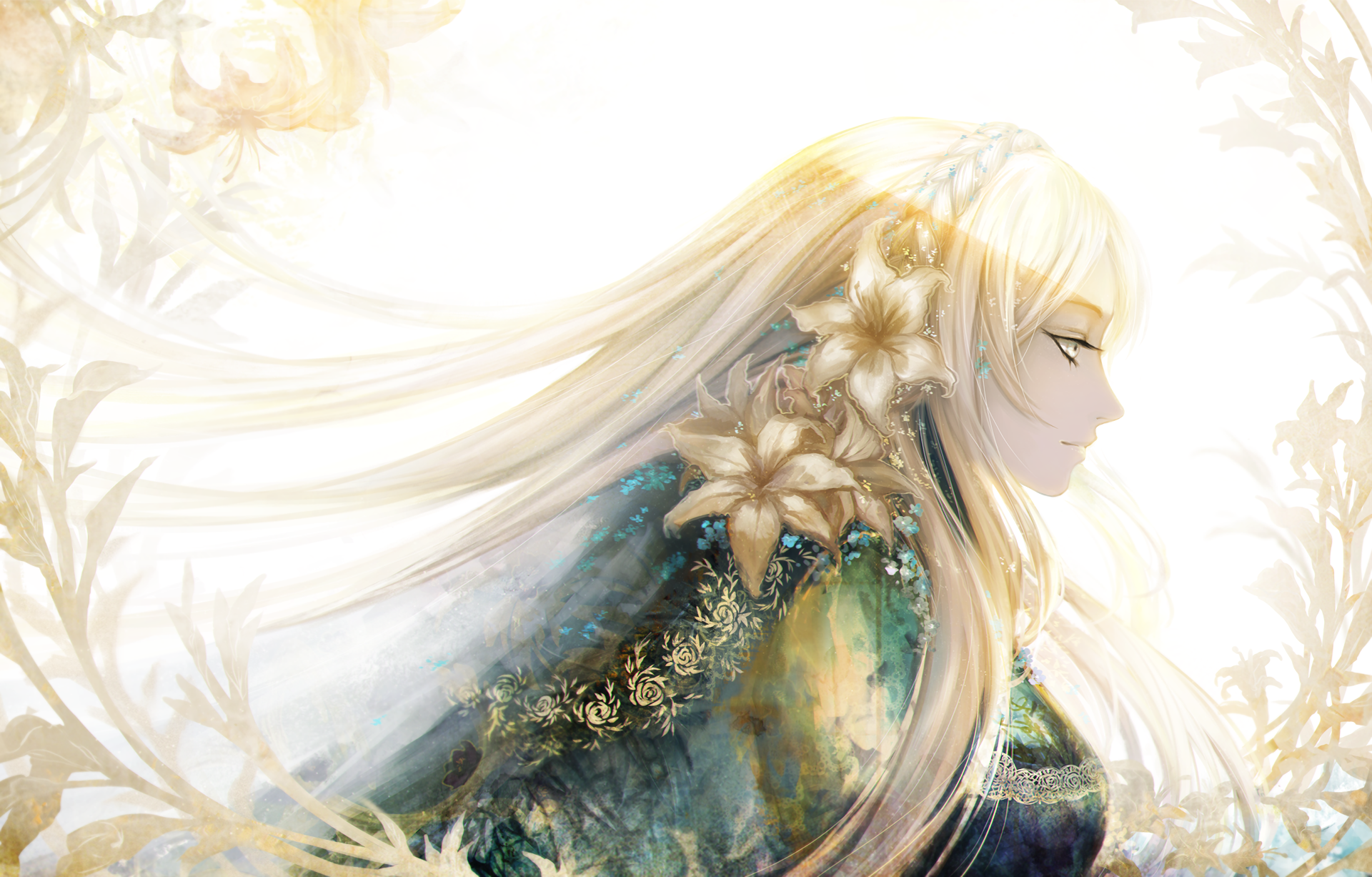 HD anime-style original artwork of a serene girl with long flowing blonde hair adorned with lilies, set against a soft, glowing background for a PC desktop wallpaper.