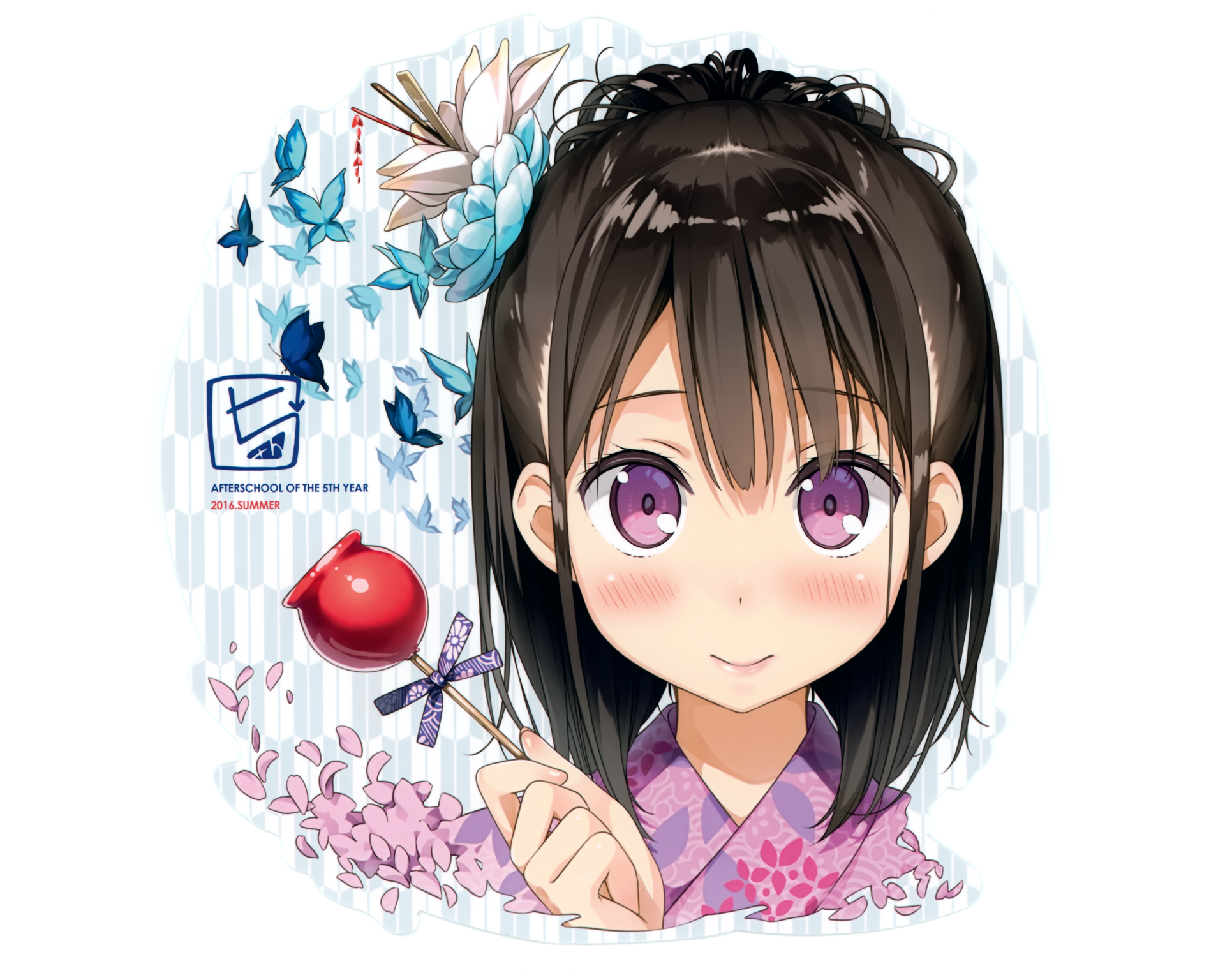 HD PC desktop wallpaper featuring an original anime-style illustration of a girl in a kimono holding a dragonfly, inspired by 5 Nenme no Houkago.