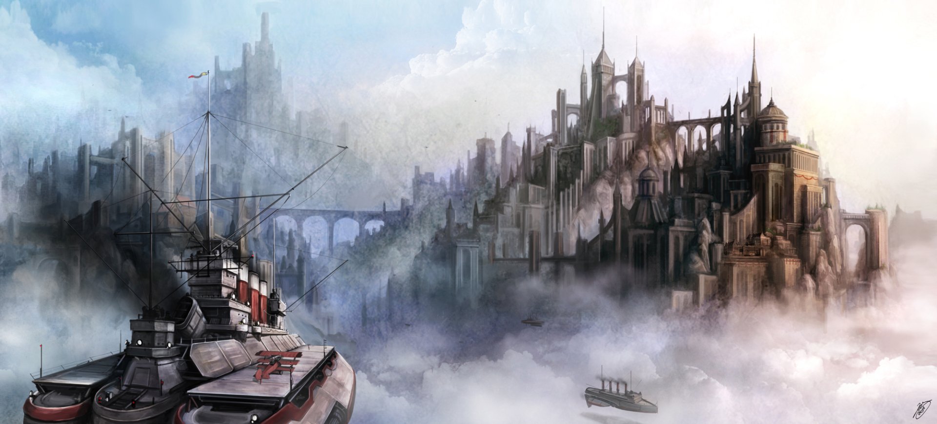 HD PC desktop wallpaper featuring an original anime-style cityscape with towering structures above clouds and boats navigating misty waters below.