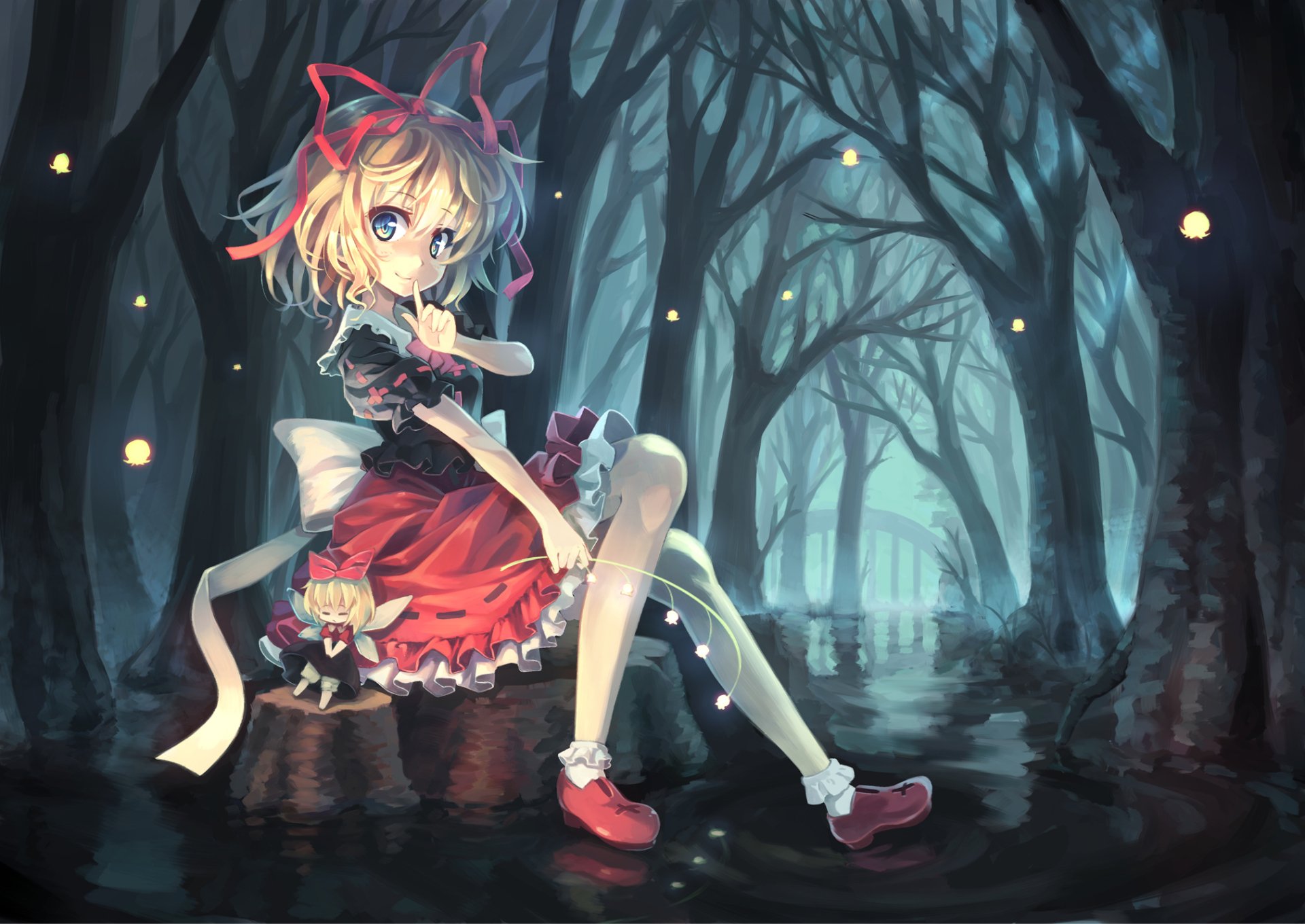 Chibi-style Su-San (Medicine Melancholy) with blonde short hair and ribbon sits in a dark, eerie forest by water, rendered in detailed anime art as a HD PC desktop wallpaper.