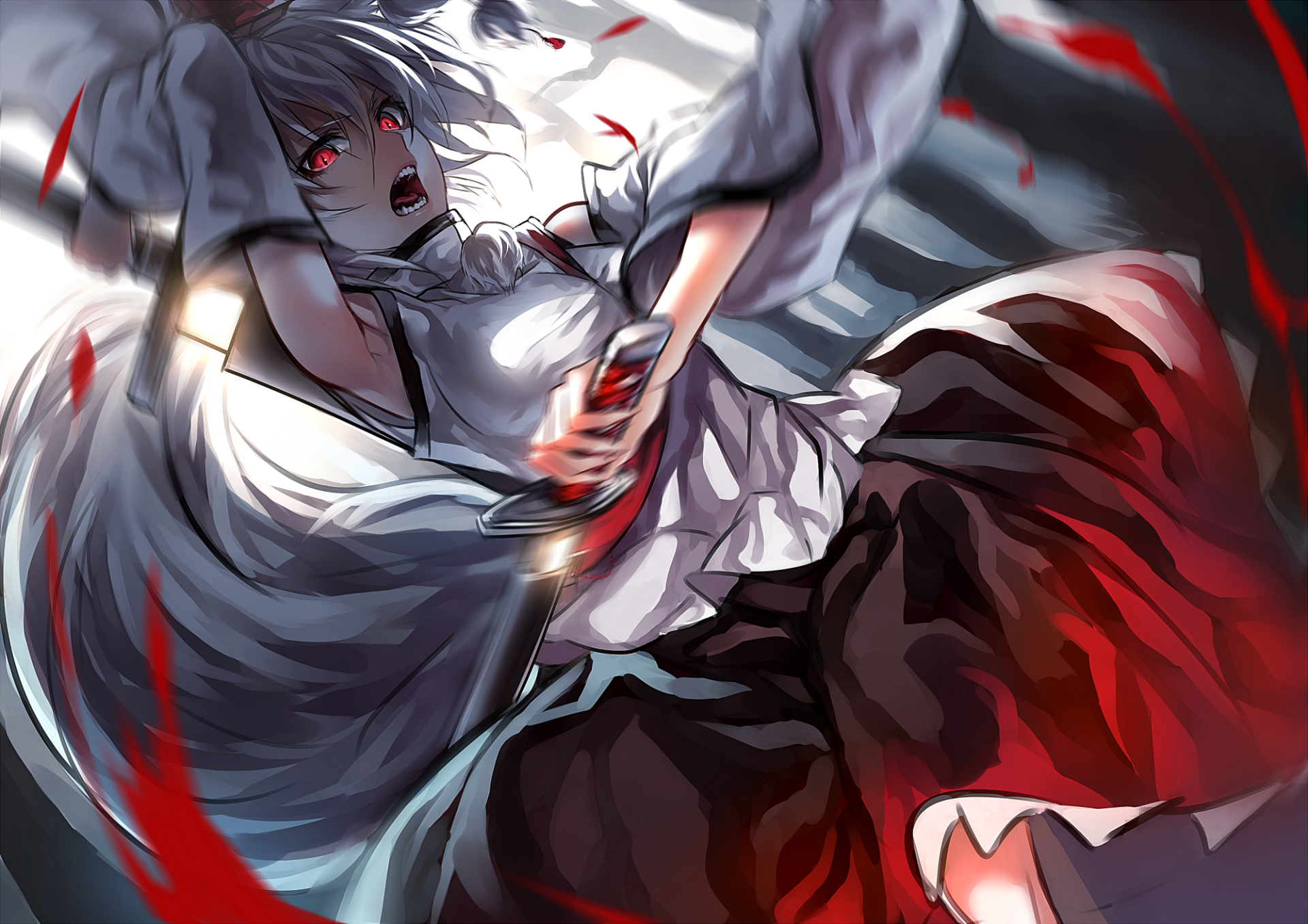 HD PC desktop wallpaper featuring Momiji Inubashiri from the anime Touhou, showcasing dynamic motion with striking red and white tones.