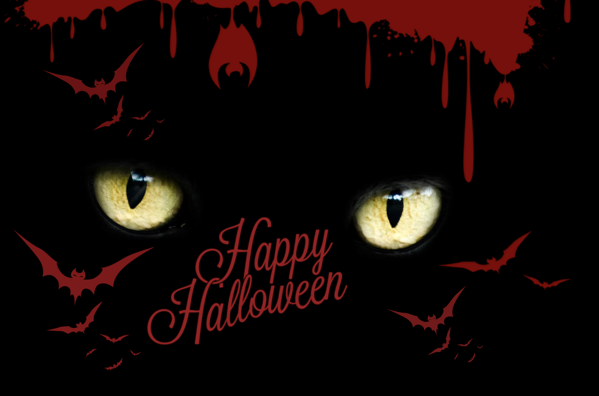 Dark Halloween-themed HD PC wallpaper featuring glowing yellow eyes, red dripping blood, and flying bats with Happy Halloween text in spooky script.