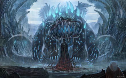 A dramatic HD anime-style wallpaper featuring a cloaked figure confronting a monstrous creature amidst a rainy, mystical landscape, showcasing original artwork and vibrant colors.