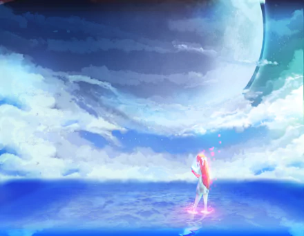 A serene HD desktop wallpaper featuring Rin from Shelter, standing on a vibrant ocean with a dreamy sky and celestial body, capturing a sense of wonder and beauty in an anime style.