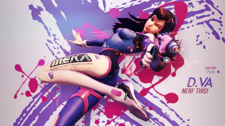 HD PC desktop wallpaper featuring D.Va from Overwatch in her iconic pose with a futuristic gun against a dynamic purple and pink splatter background.