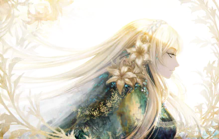 HD anime-style original artwork of a serene girl with long flowing blonde hair adorned with lilies, set against a soft, glowing background for a PC desktop wallpaper.
