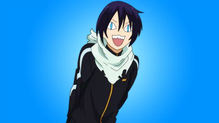 HD wallpaper of Yato from the anime Noragami, featuring a funny and playful expression against a bright blue background.