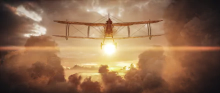HD desktop wallpaper of an aircraft from the video game Battlefield 1, flying through clouds with the sun setting in the background.