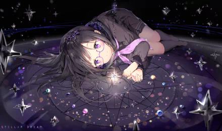 A captivating anime girl with glasses lies on a celestial background filled with stars and gemstones, creating a dreamy atmosphere. 4K Ultra HD wallpaper enhancing any desktop backdrop.
