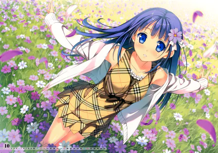 4K Ultra HD anime wallpaper from 5 Nenme no Houkago, featuring an original character with blue hair and blue eyes lying in a vibrant field of pink and purple flowers.
