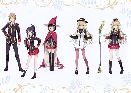 HD PC desktop wallpaper featuring five anime characters from Qualidea Code — four girls and one boy in varied school and magical outfits on a pale patterned background.