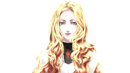 HD PC wallpaper: Teresa (Claymore) — serene blonde Claymore warrior with long wavy hair in her white-and-black uniform against a pale background.