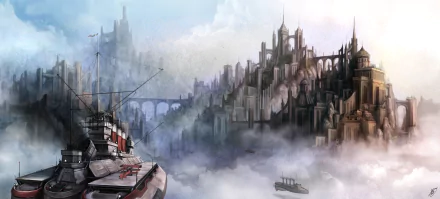 HD PC desktop wallpaper featuring an original anime-style cityscape with towering structures above clouds and boats navigating misty waters below.